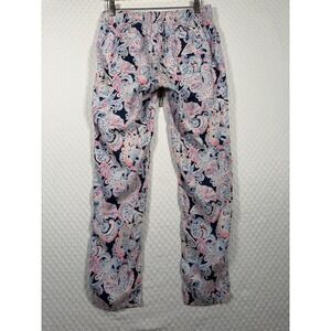 Lilly Pulitzer Women XS Pink Navy Blue Shell Paisley 100% Linen Pull‎ On Pants